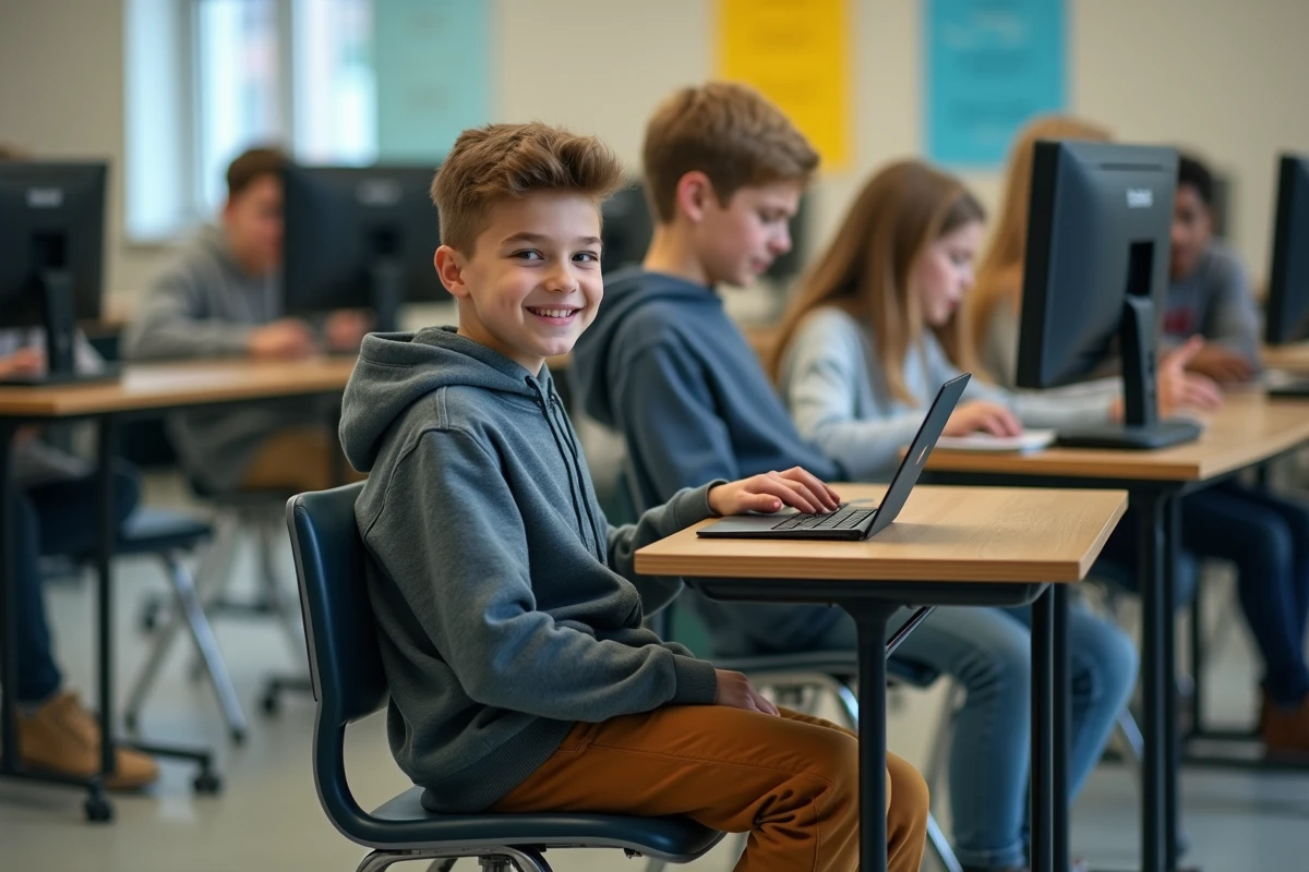 Adolescent utilisant une tablette dans une salle de classe