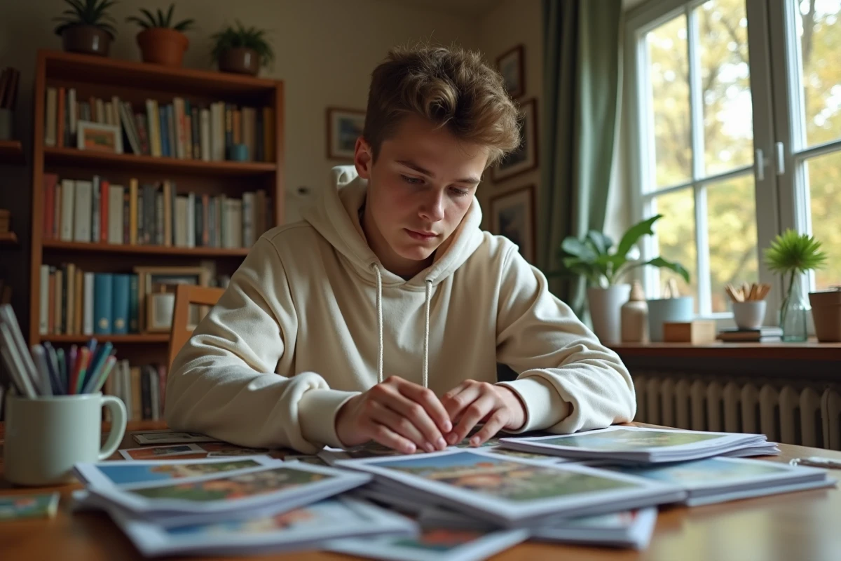 Adolescent triant des photos sur une table en famille