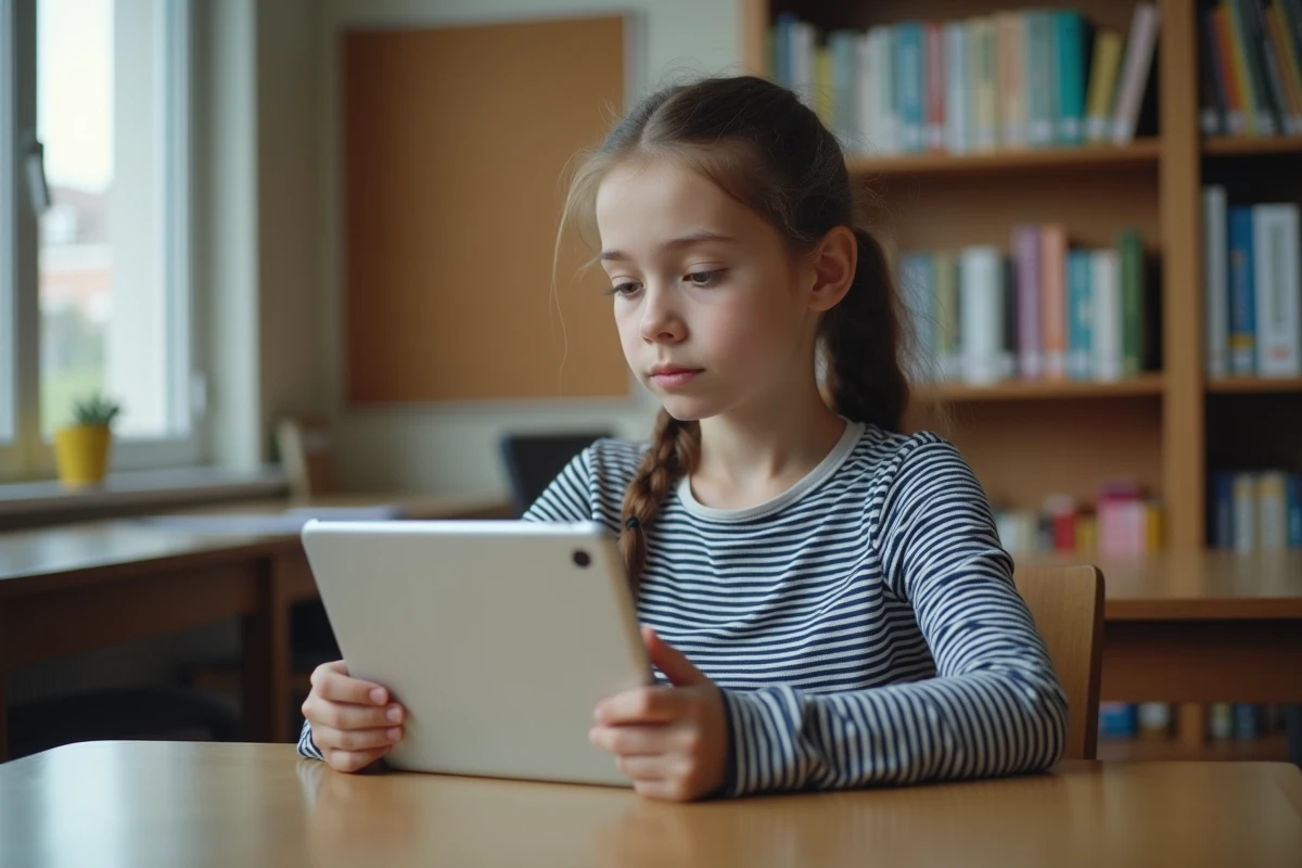Une adolescente compare deux plateformes numériques éducatives sur une tablette dans une bibliothèque scolaire