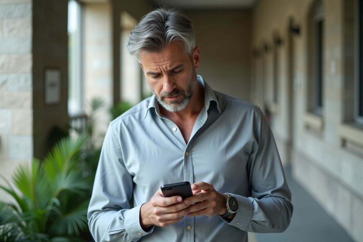 Agent de la fonction publique configurant Tchap sur mobile dans un couloir administratif