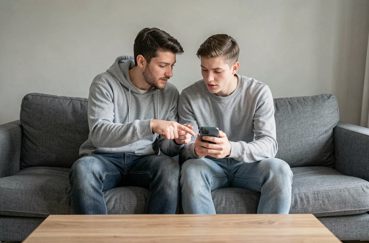 Deux amis regardant ensemble un smartphone pour comprendre comment utiliser l'italique sur WhatsApp