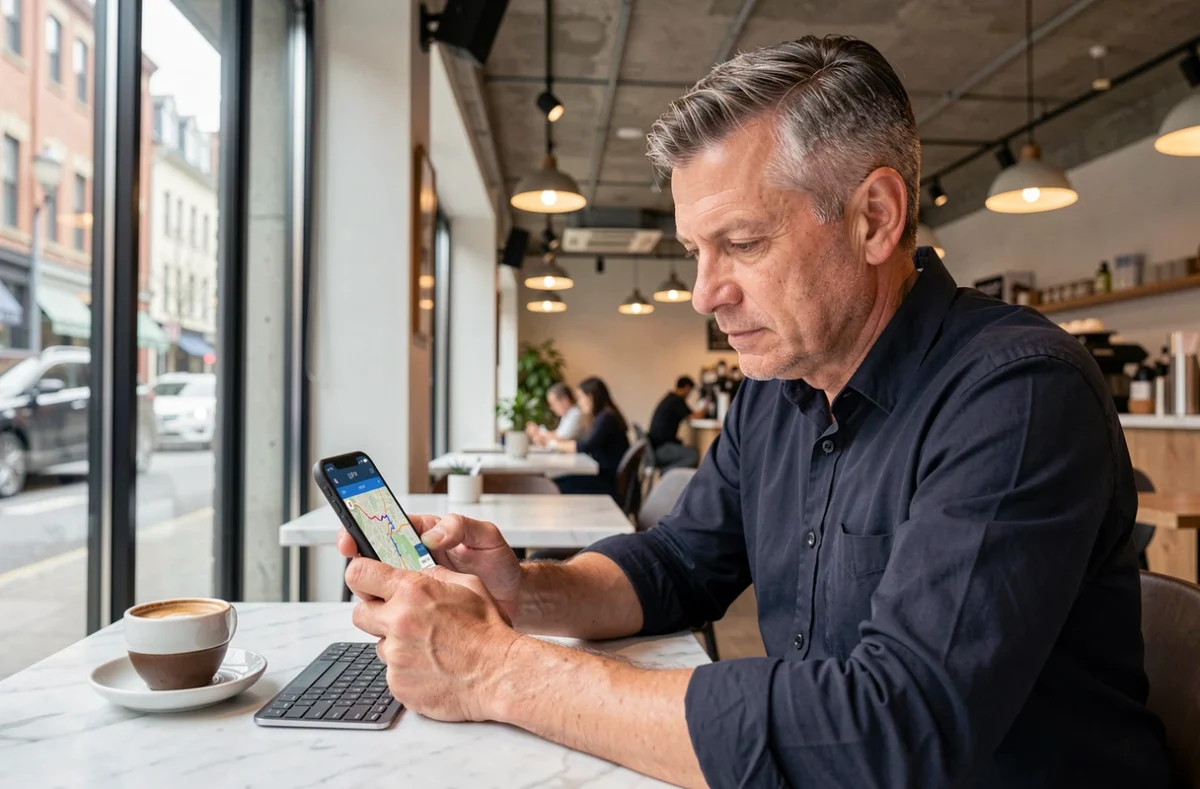 Homme analysant un fichier GPX sur smartphone dans un café moderne avec carte de randonnée affichée