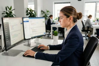 Professionnelle analysant un audit SEO multilingue WordPress sur deux écrans dans un bureau moderne