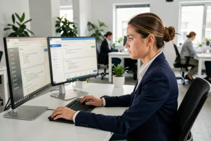 Professionnelle analysant un audit SEO multilingue WordPress sur deux écrans dans un bureau moderne