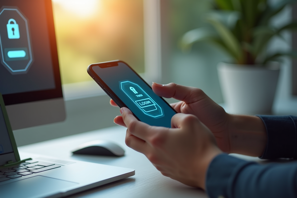 Mains utilisant une application de sécurité sur un smartphone dans un espace lumineux