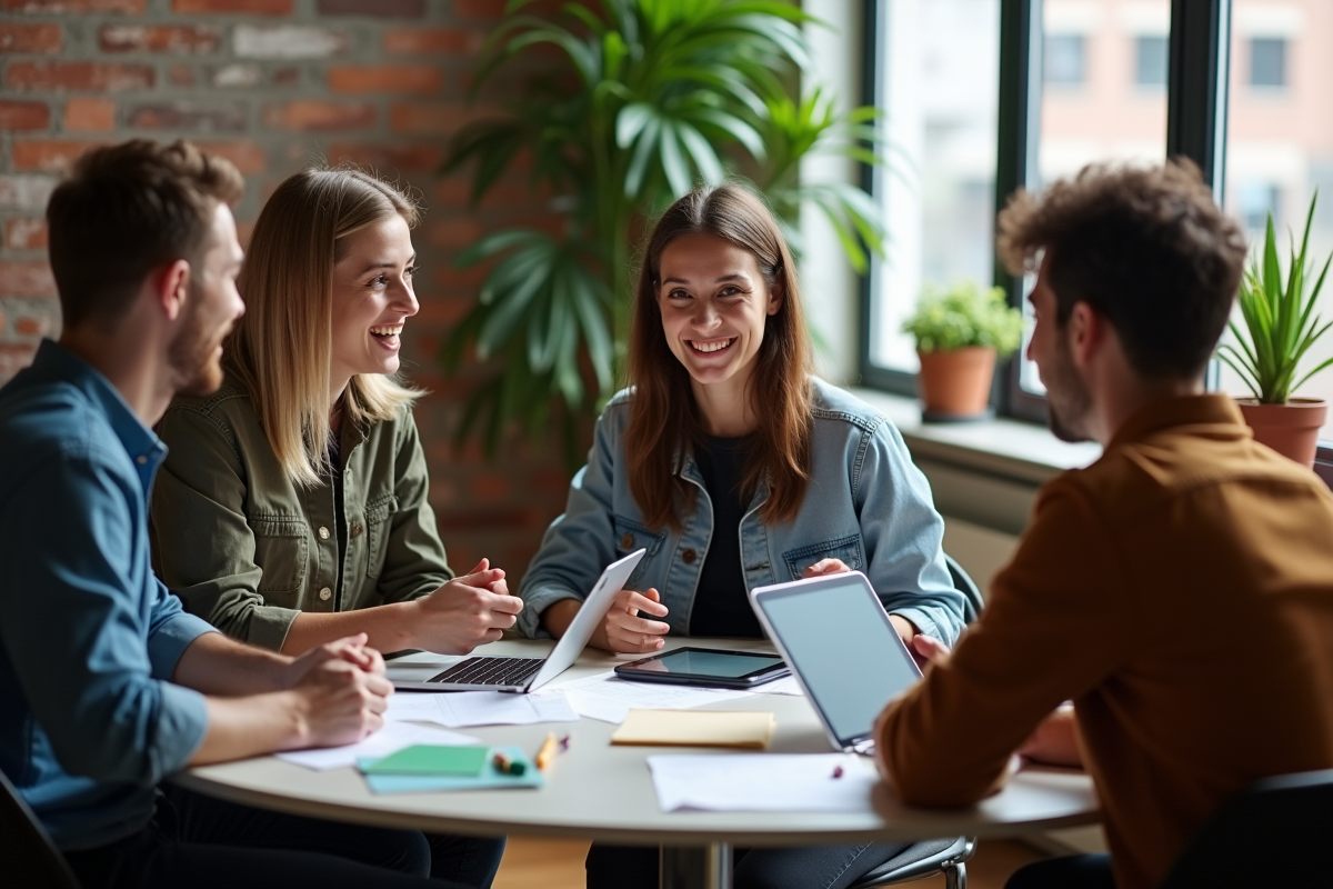 Groupe de jeunes en brainstorming dans un espace de coworking lumineux