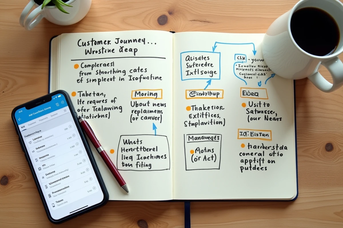 Vue aérienne d'un bureau avec un carnet de parcours client, un smartphone affichant un CRM de leads qualifiés et des annotations de conversion de trafic