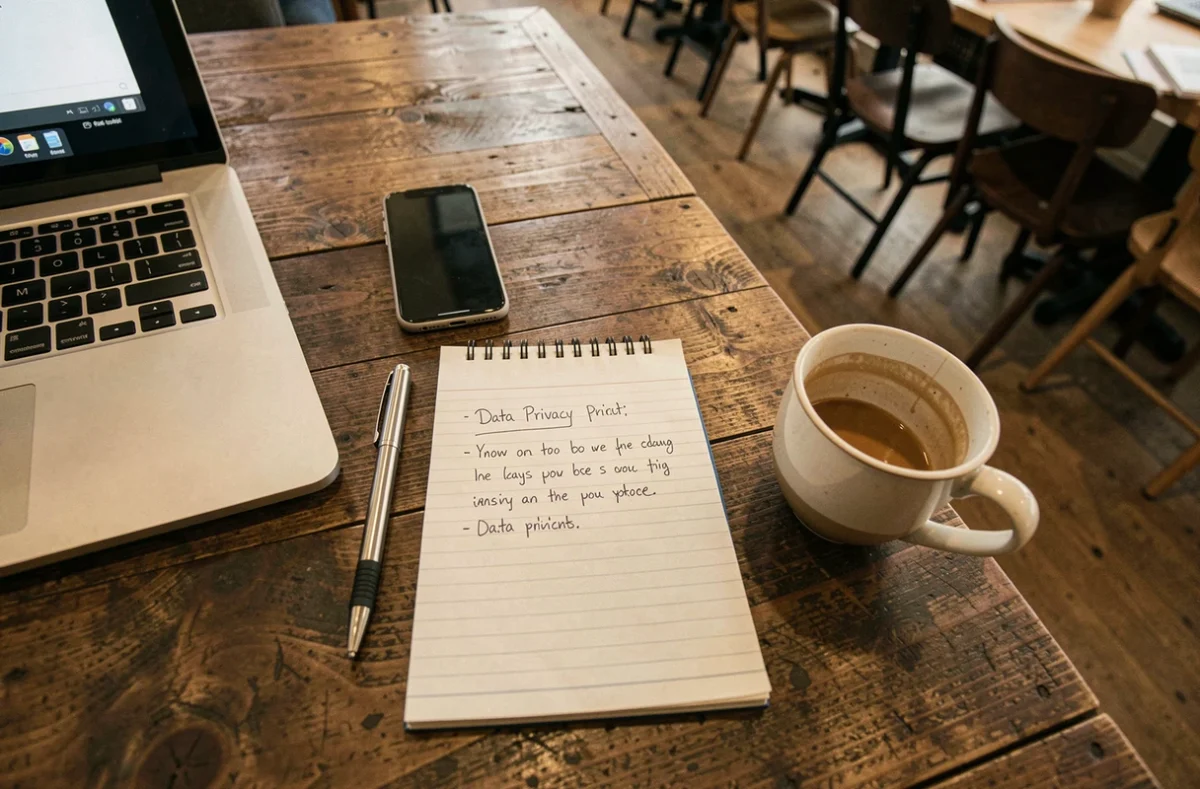 Vue aérienne d'un bureau avec ordinateur portable, smartphone et notes manuscrites sur la vie privée et les données Google