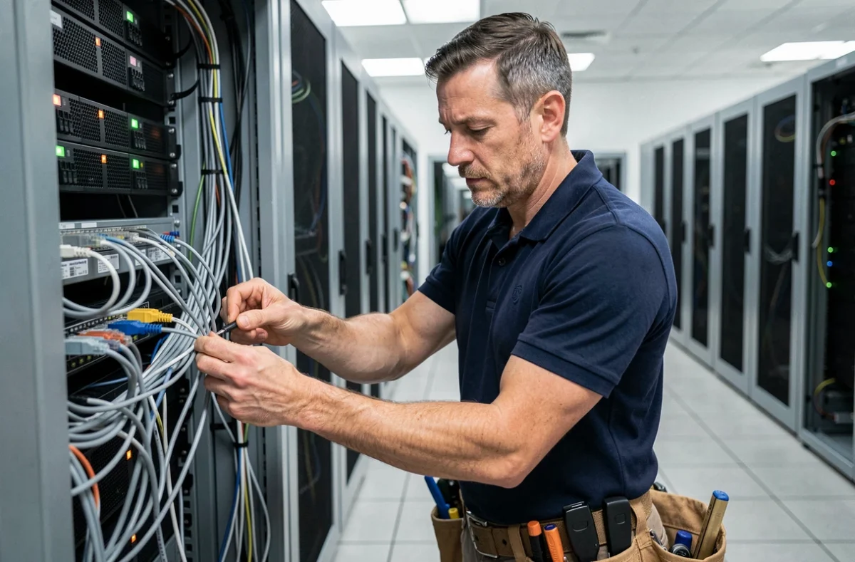 Technicien réseau en train d'installer et sécuriser des câbles Ethernet dans une baie serveur d'entreprise