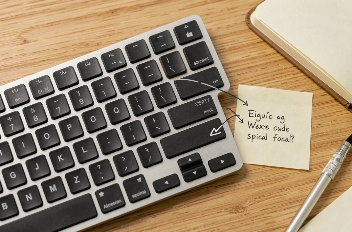 Vue aérienne d'un clavier AZERTY avec une note manuscrite indiquant les touches de caractères spéciaux
