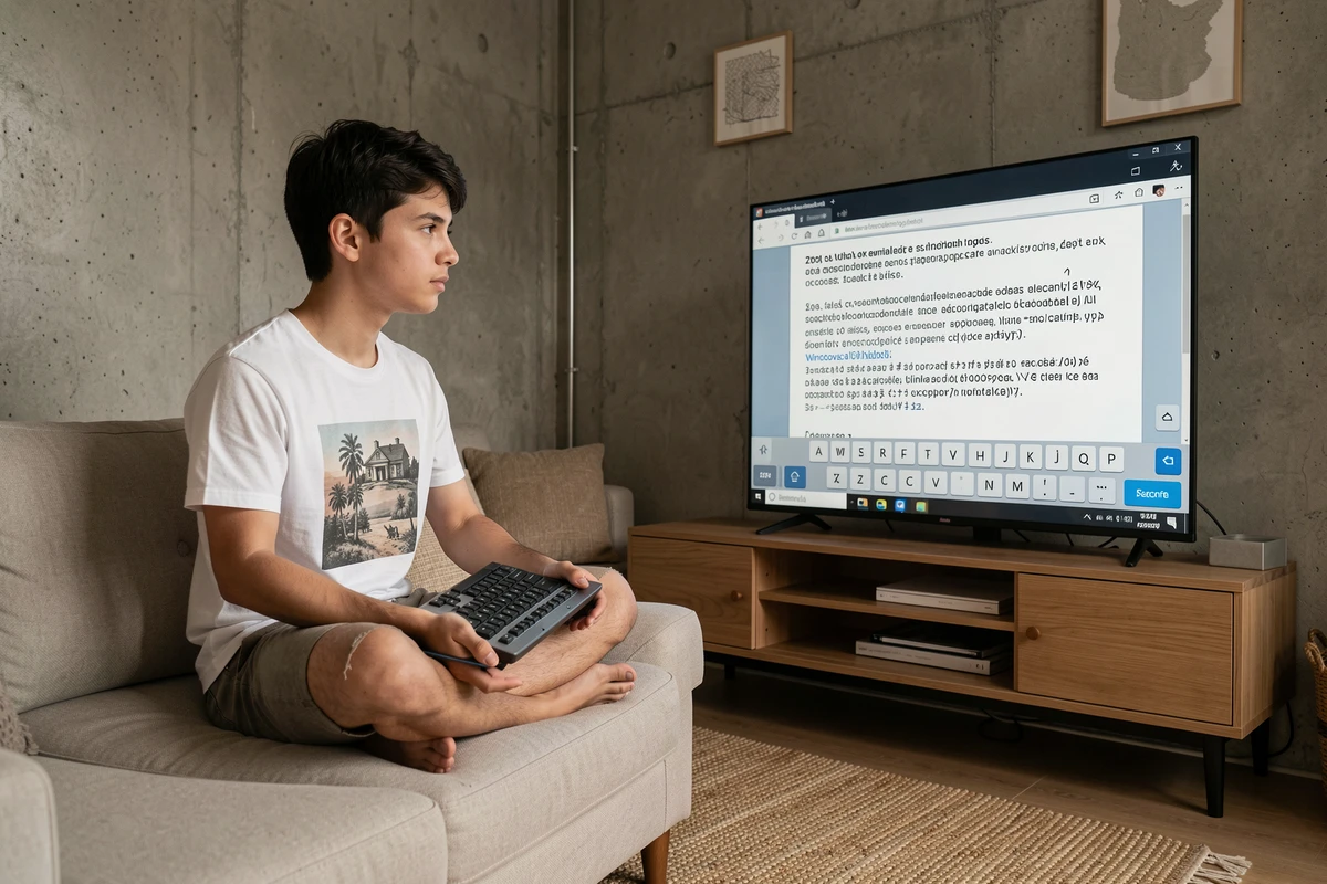 Jeune adulte saisissant des caractères spéciaux Windows sur un clavier sans fil depuis son salon avec l'écran du clavier virtuel affiché