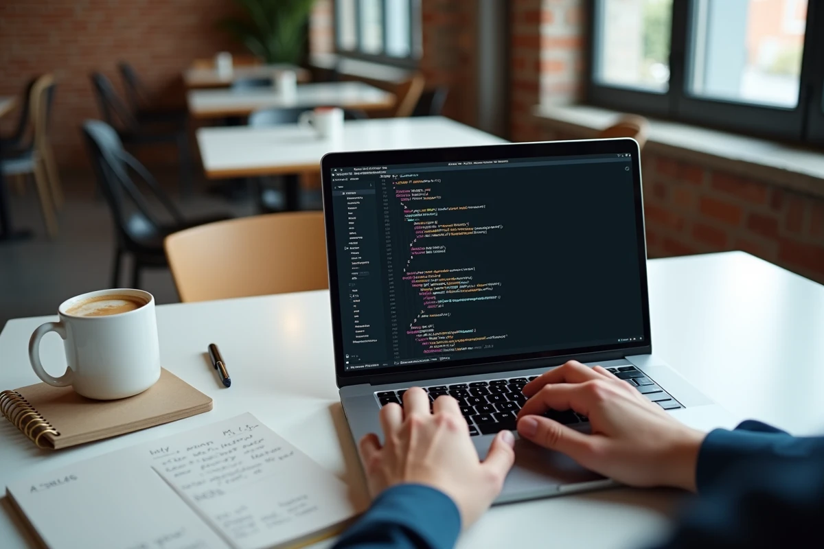 Gros plan sur un écran d'ordinateur portable affichant du code HTML de formulaire et son rendu dans un navigateur sur un bureau minimaliste
