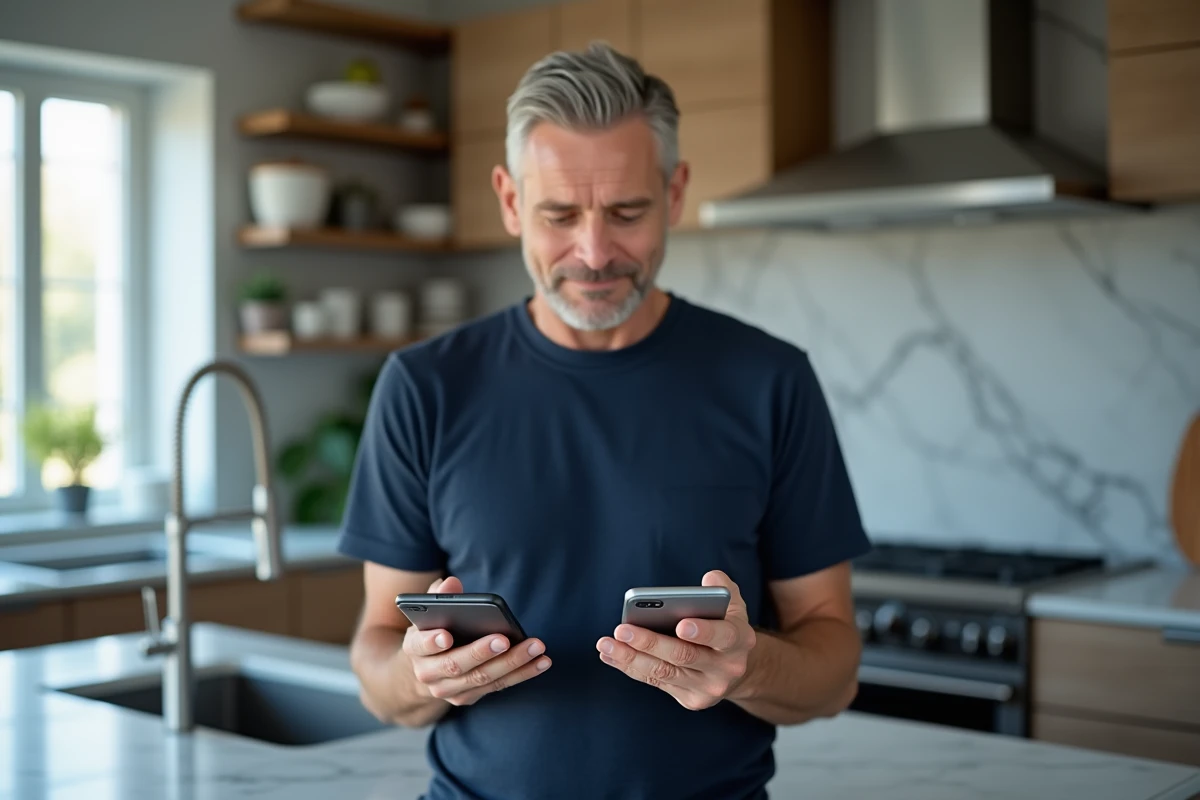 Homme tenant deux smartphones côte à côte dans une cuisine moderne pour comparer et récupérer des messages SMS perdus lors d'un changement d'appareil