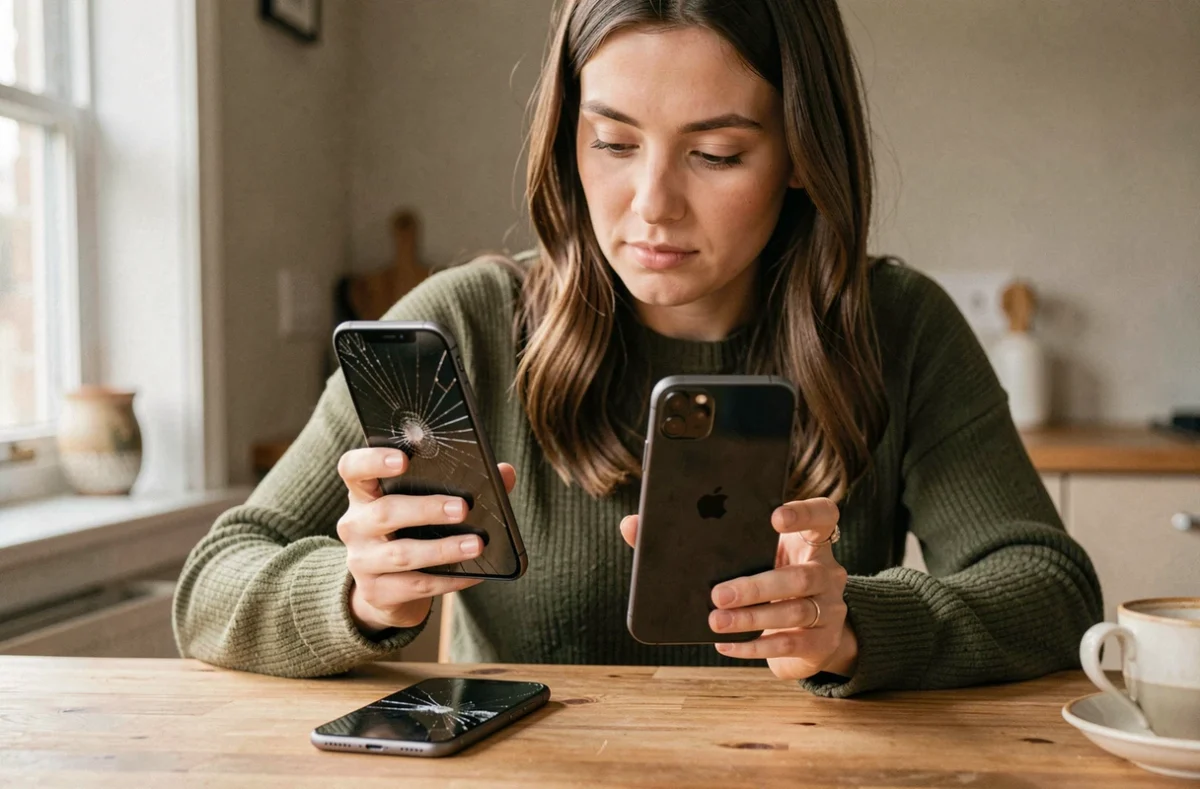 Femme comparant un écran iPhone 11 neuf à son écran fissuré avant réparation sur une table en bois