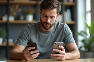 Homme comparant un Google Pixel 6a et un Samsung Galaxy dans un bureau moderne