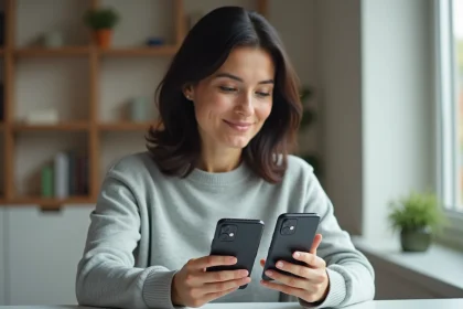 Femme comparant deux smartphones Samsung côte à côte dans un bureau minimaliste