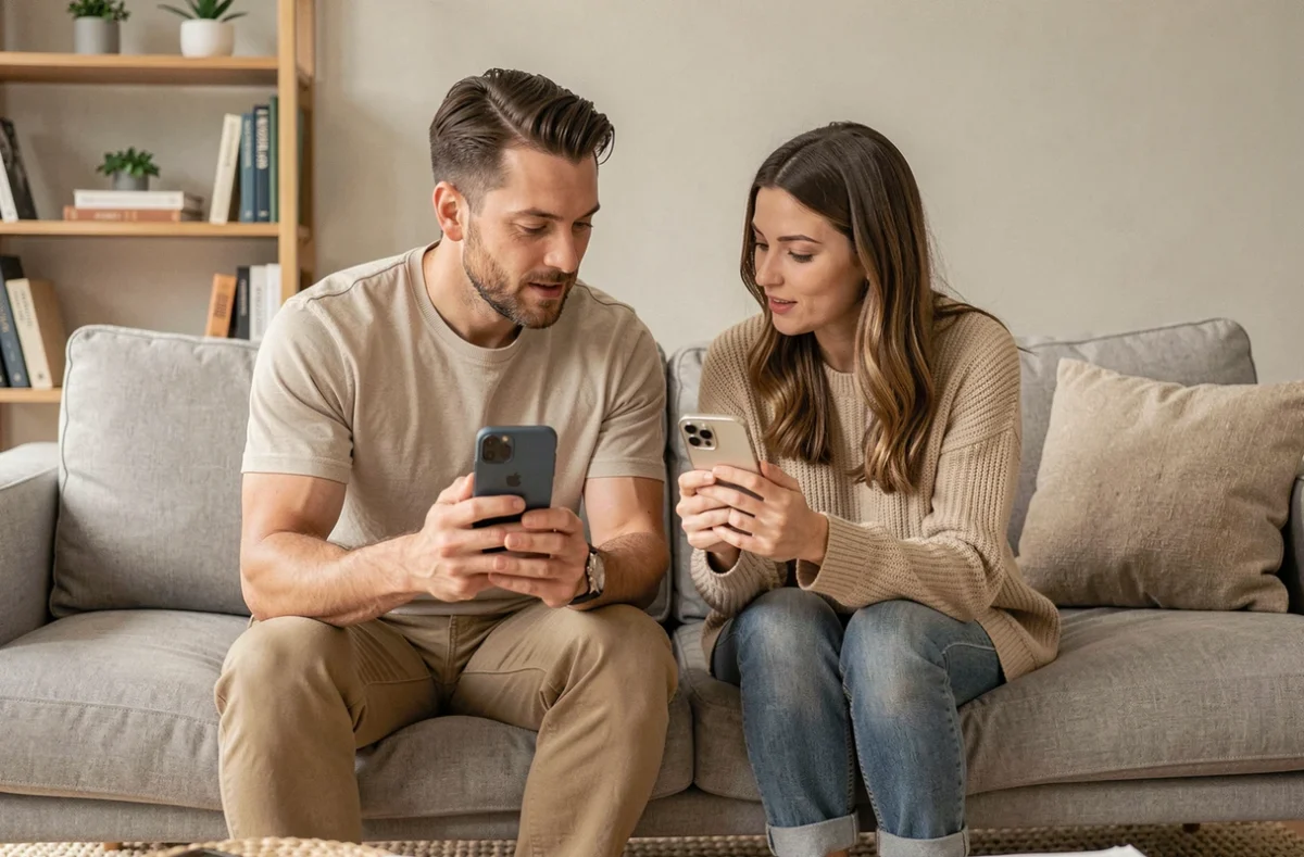 Deux amis comparant un Samsung Galaxy et un iPhone dans un salon moderne, choix de smartphone Android versus Apple