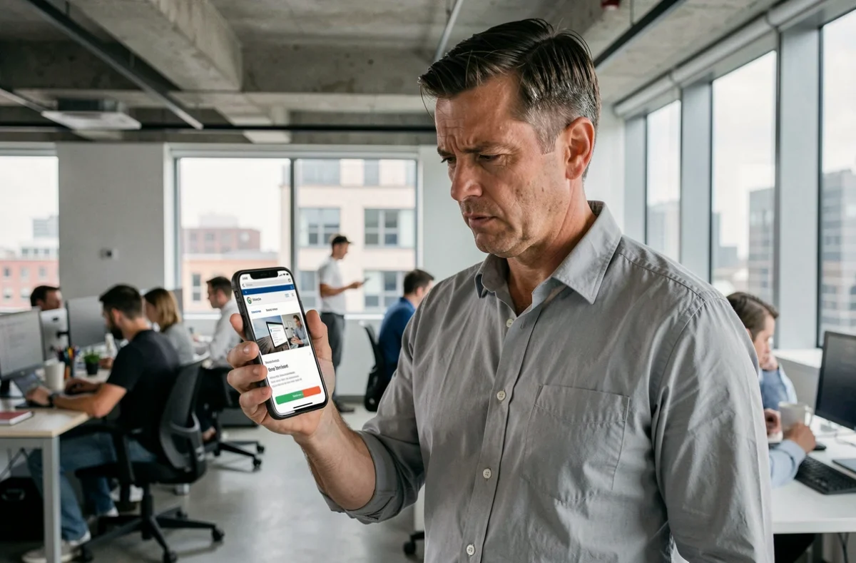 Homme en open space comparant des sites web sur smartphone pour identifier le vrai miroir officiel d'Epsilon Soft