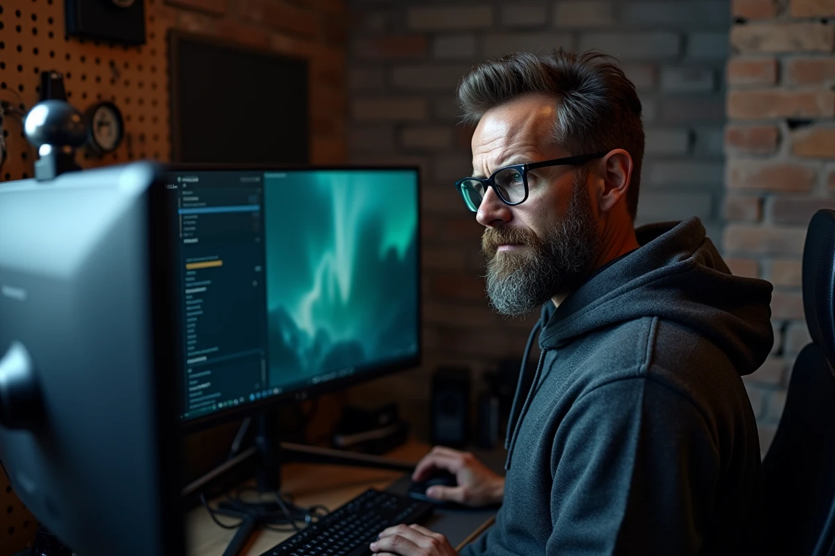 Monteur vidéo remarquant une incohérence de couleurs entre deux écrans PC de tailles différentes dans un studio sous-sol