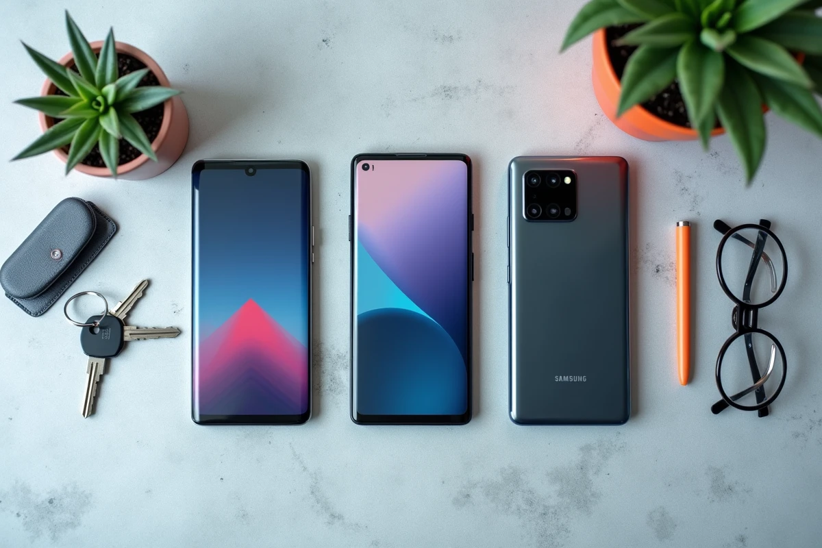Comparatif à plat du Google Pixel 6a face au Samsung et au Xiaomi sur fond béton
