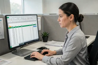 Femme comptable analysant une feuille de paie Excel avec des formules de soustraction d'heures sur un grand écran de bureau