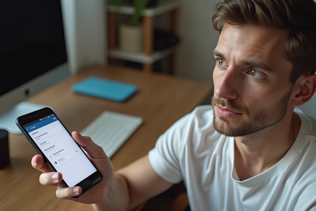 Jeune homme configurant Chromecast via l'application Google Home sur son smartphone dans un bureau à domicile