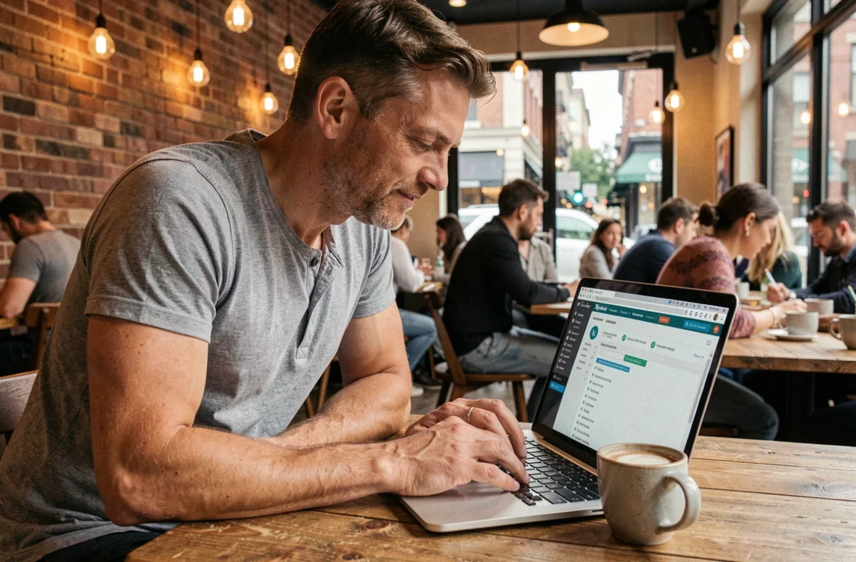 Développeur web configurant un plugin multilingue WordPress dans un café urbain animé