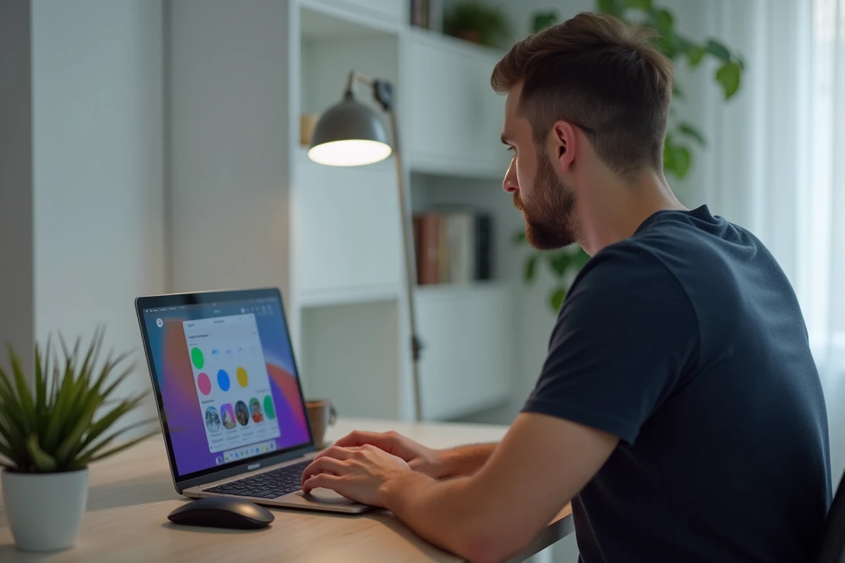 Homme utilisant un ordinateur portable pour consulter des stories Instagram de manière anonyme depuis son bureau à domicile