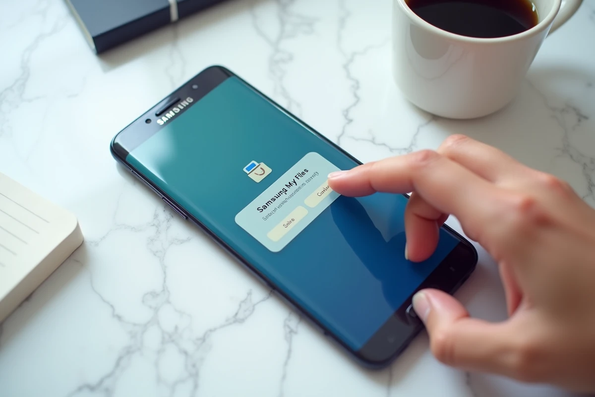 Smartphone Samsung posé sur marbre affichant l'application Mes Fichiers avec la corbeille ouverte
