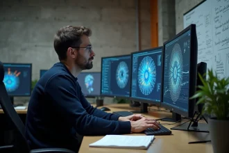 Data scientist analysant des visualisations de Neural Radiance Fields sur plusieurs écrans dans un environnement de bureau technique