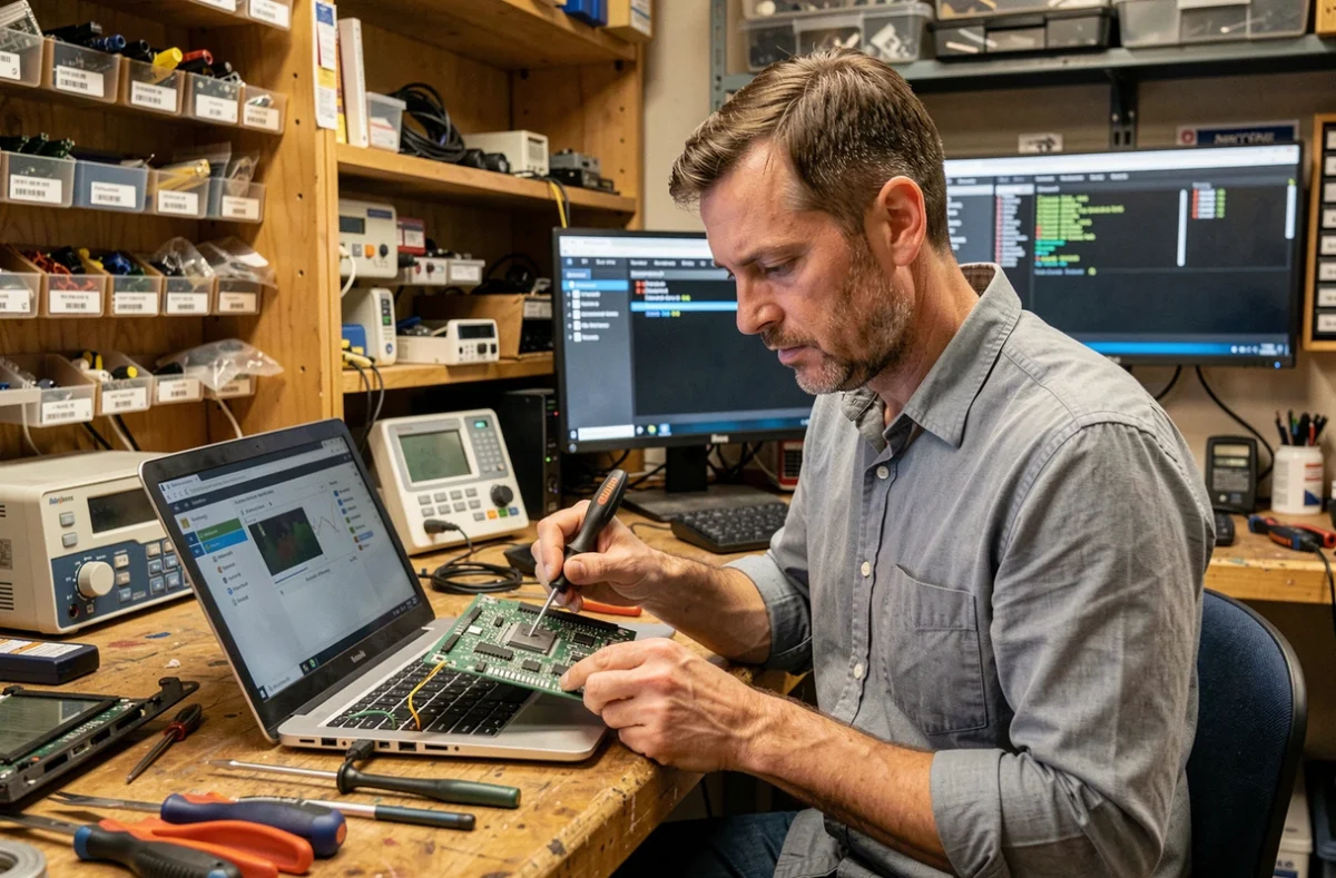 Technicien informatique réparant un ordinateur portable dans un atelier de dépannage à Angers