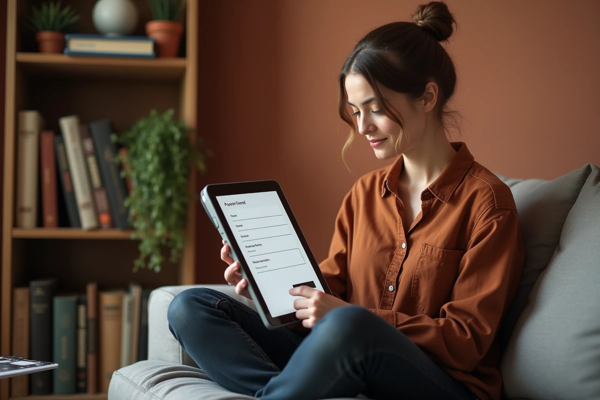 Designer UX féminine consultant un prototype de formulaire HTML sur tablette dans un bureau à domicile