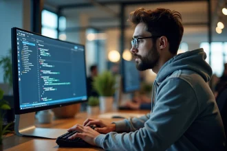 Développeur web masculin travaillant sur du code HTML de formulaire dans un bureau moderne en 2026
