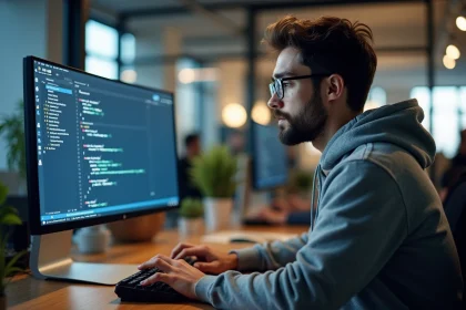 Développeur web masculin travaillant sur du code HTML de formulaire dans un bureau moderne en 2026