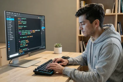 Développeur Python tapant du code avec la méthode append sur un écran en mode sombre dans un bureau minimaliste