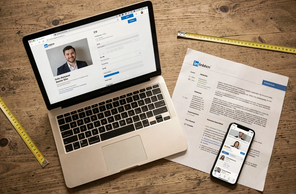 Bureau avec laptop affichant un CV numérique, smartphone montrant un profil LinkedIn et fiche imprimée illustrant les dimensions de photo
