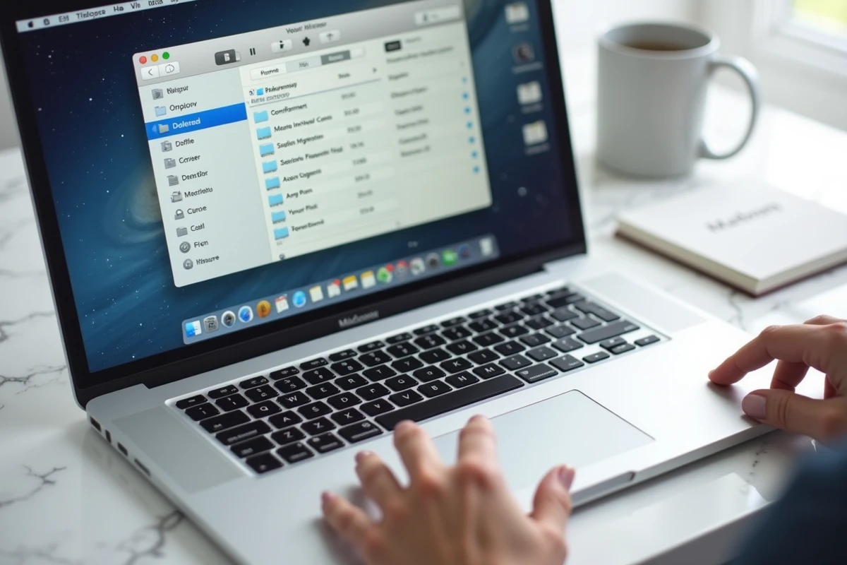 Gros plan sur un MacBook ouvert avec le dossier cache macOS visible dans le Finder pour suppression manuelle