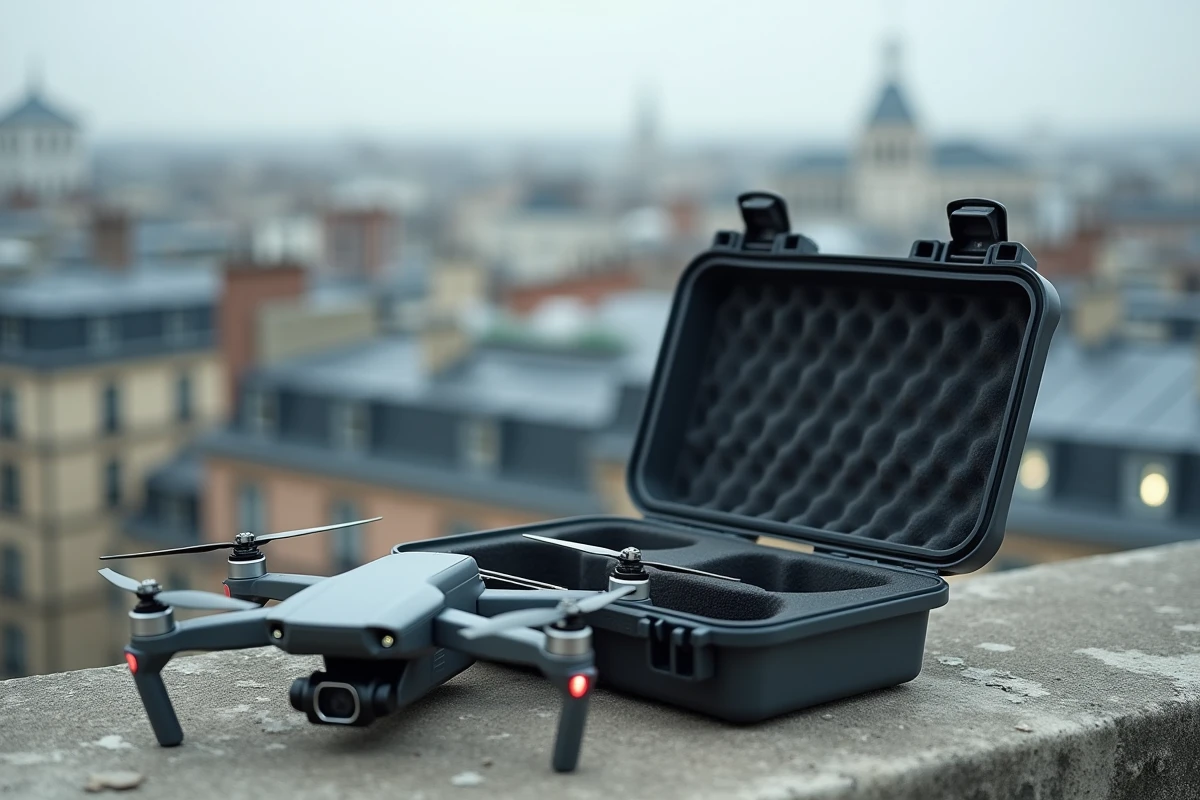 Drone quadrirotor compact posé sur un toit urbain parisien à côté de son étui de transport, représentant l'équipement du pilote de drone en environnement urbain réglementé en France