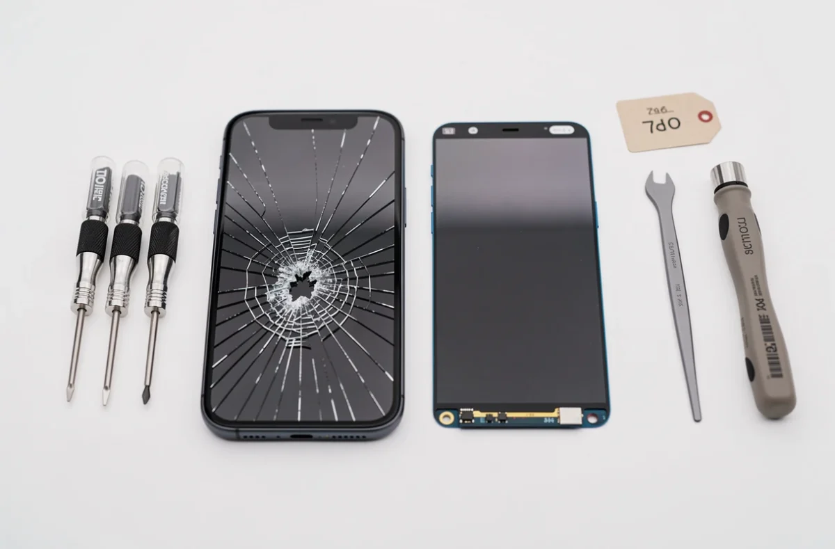 Vue à plat d'un écran iPhone 11 fissuré à côté d'un écran de remplacement et d'outils de réparation sur fond blanc