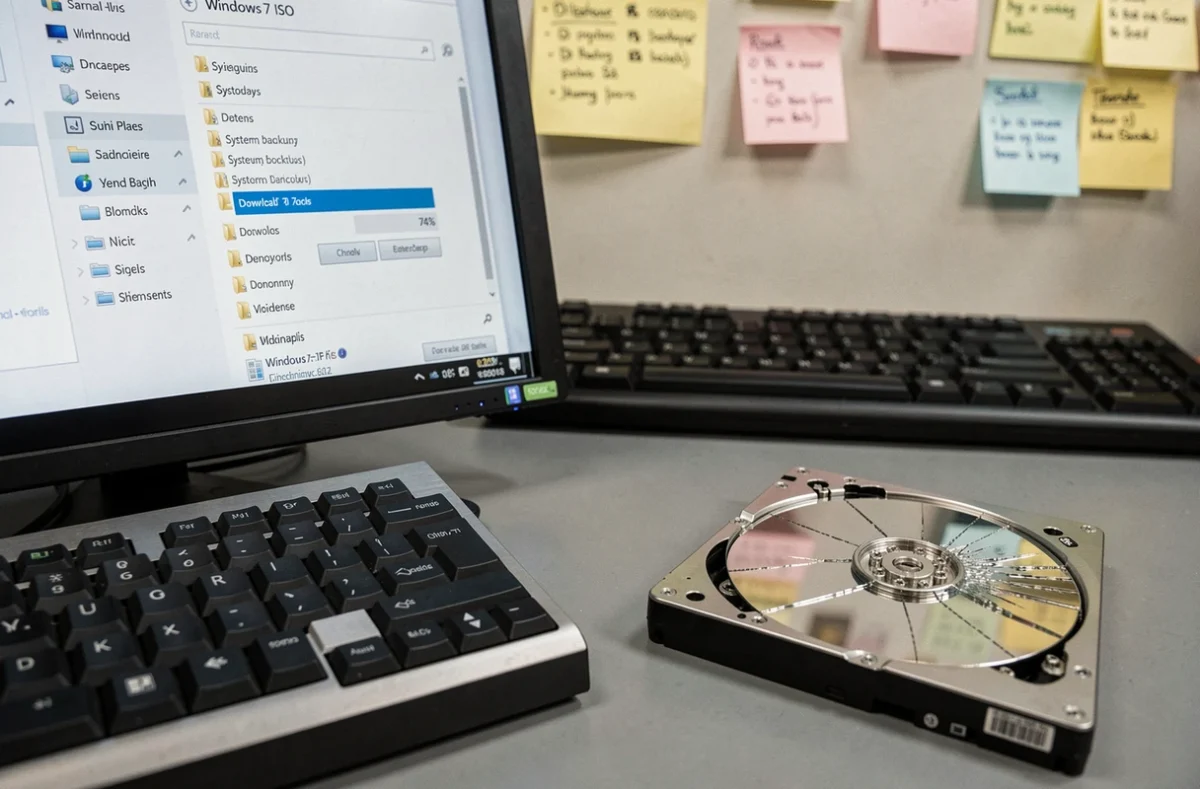 Écran d'ordinateur affichant le téléchargement d'une image ISO de Windows 7 avec un disque dur endommagé posé à côté du clavier