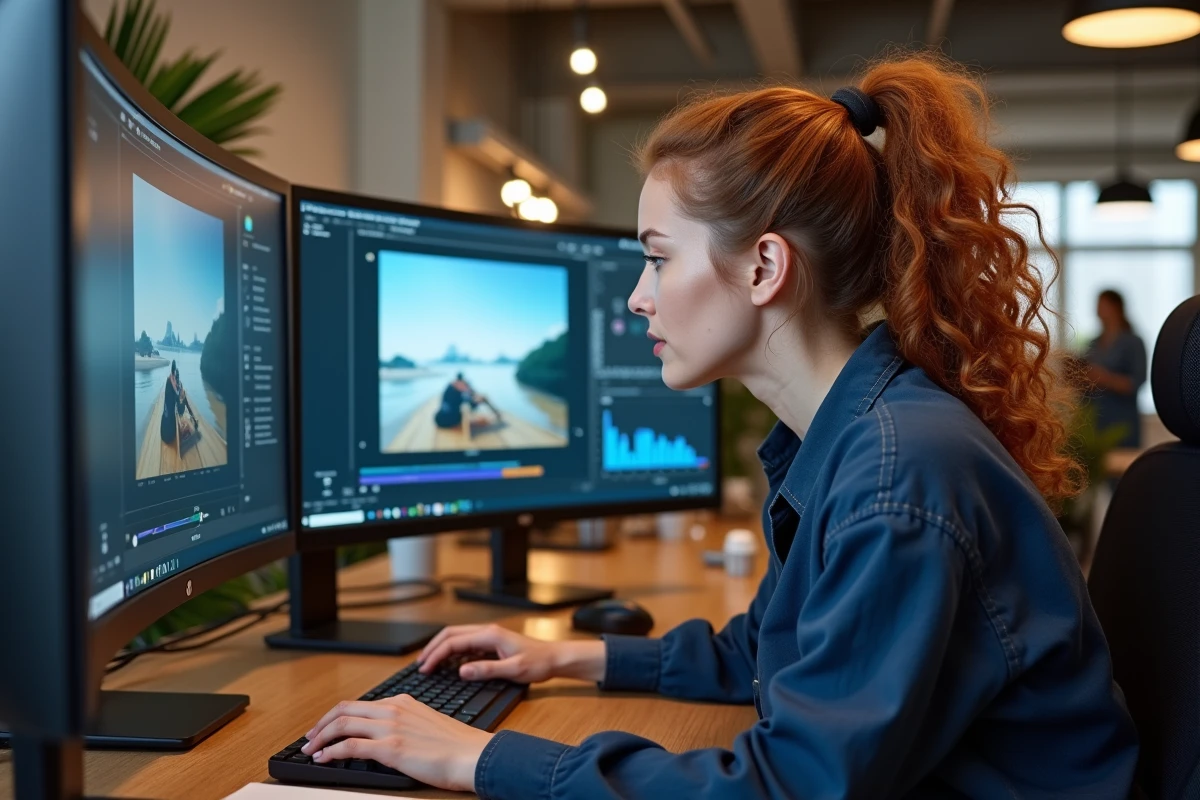 Femme monteuse comparant deux fenêtres de projet vidéo sur un écran ultrawide incurvé en agence créative