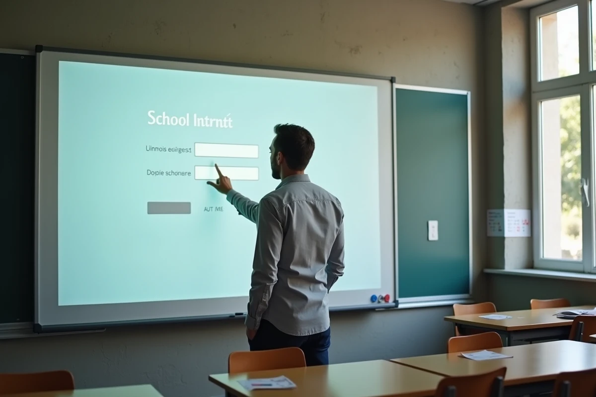 Un enseignant présente l'interface de connexion d'un ENT sur un tableau interactif dans une salle de classe