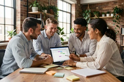 Équipe agile collaborant autour d'un outil de planification en ligne dans un bureau moderne