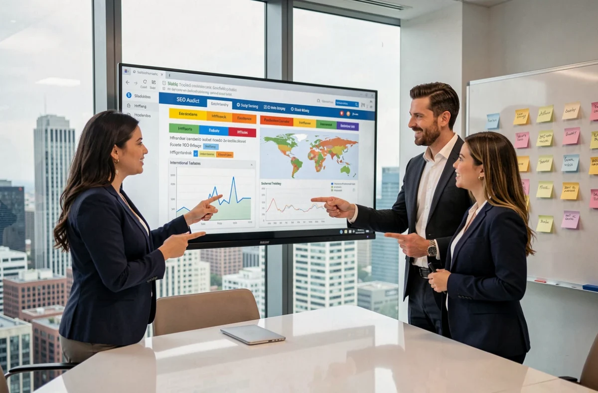Équipe multinationale en réunion analysant un rapport d'audit SEO international sur grand écran