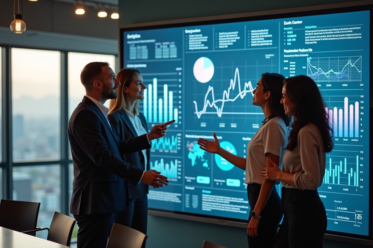 Equipe de marketeurs analysant des données sur un grand écran
