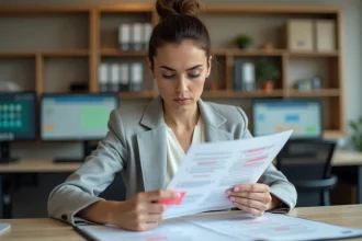 Traductrice technique corrigeant des erreurs dans un document technique imprimé couvert d'annotations rouges dans un bureau moderne