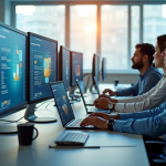 Espace de travail moderne avec ordinateurs et collaboration