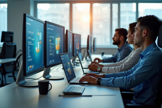 Espace de travail moderne avec ordinateurs et collaboration