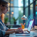 Bureau moderne avec femme utilisant un ordinateur et routeur WiFi coloré