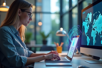 Bureau moderne avec femme utilisant un ordinateur et routeur WiFi coloré